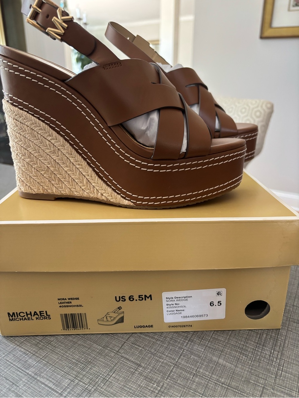 Michael Kors Luggage Brown Leather Espadrille Wedges - Picture 1 of 5